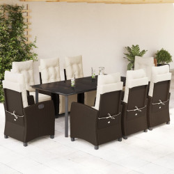 9 Pcs conjunto jantar p/ jardim c/ almofadões vime PE castanho