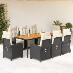 9 Pcs conjunto de jantar p/ jardim c/ almofadões vime PE preto