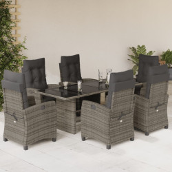 7 Pcs conjunto de jantar p/ jardim c/ almofadões vime PE cinza