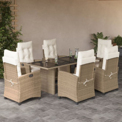 7 Pcs conjunto de jantar p/ jardim com almofadões vime PE bege