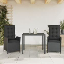 3 Pcs conjunto de jantar p/ jardim c/ almofadões vime PE preto