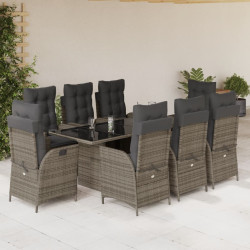 9 Pcs conjunto de jantar p/ jardim c/ almofadões vime PE cinza