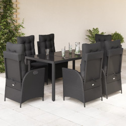 7 Pcs conjunto de jantar p/ jardim c/ almofadões vime PE preto
