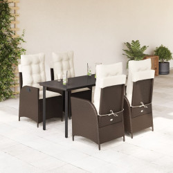 5 Pcs conjunto jantar p/ jardim c/ almofadões vime PE castanho