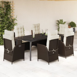 7 Pcs conjunto jantar p/ jardim c/ almofadões vime PE castanho