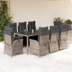 9 Pcs conjunto de jantar p/ jardim c/ almofadões vime PE cinza
