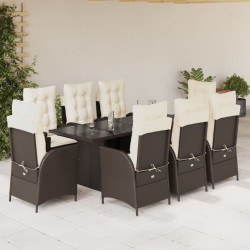 9 Pcs conjunto jantar p/ jardim c/ almofadões vime PE castanho