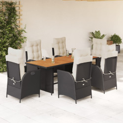 7 Pcs conjunto de jantar p/ jardim c/ almofadões vime PE preto