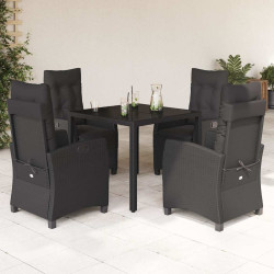 5 Pcs conjunto de jantar p/ jardim c/ almofadões vime PE preto