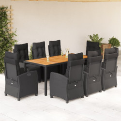 9 Pcs conjunto de jantar p/ jardim c/ almofadões vime PE preto