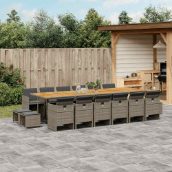17 Pcs conj. de jantar p/ jardim c/ almofadões vime PE cinzento