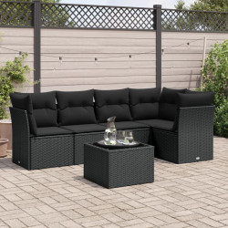 6 Pcs conjunto sofás de jardim c/ almofadões vime PE preto