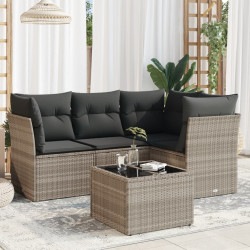5 Pcs conj. sofás jardim c/ almofadões vime PE cinzento-claro