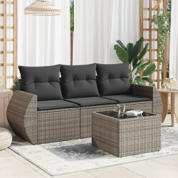 4 Pcs conjunto sofás de jardim c/ almofadões vime PE cinzento