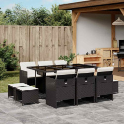 11 Pcs conjunto de jantar p/ jardim c/ almofadões vime PE preto