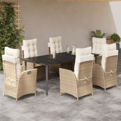 7 Pcs conjunto de jantar p/ jardim com almofadões vime PE bege