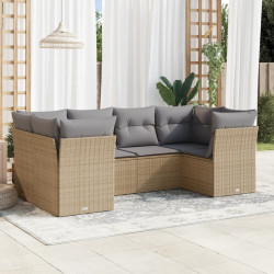 6 Pcs conjunto de sofás p/ jardim com almofadões vime PE bege