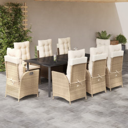 9 Pcs conjunto de jantar p/ jardim com almofadões vime PE bege