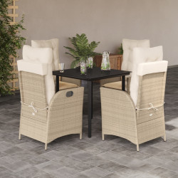 5 Pcs conjunto de jantar p/ jardim com almofadões vime PE bege