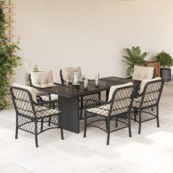 7 Pcs conjunto de jantar p/ jardim c/ almofadões vime PE preto