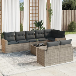 9 Pcs conjunto sofás p/ jardim com almofadões vime PE cinzento