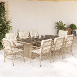 9 Pcs conjunto de jantar p/ jardim com almofadões vime PE bege
