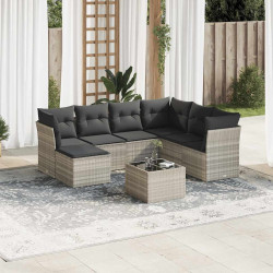 8 Pcs conj. sofás jardim c/ almofadões vime PE cinzento-claro