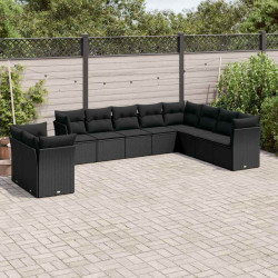 10 Pcs conjunto sofás de jardim c/ almofadões vime PE preto