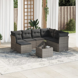 8 Pcs conjunto sofás de jardim c/ almofadões vime PE cinzento