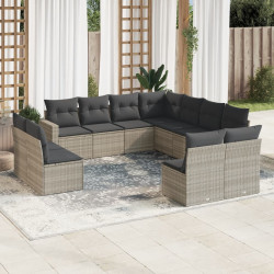 11 Pcs conjunto sofás de jardim c/ almofadões vime PE cinzento