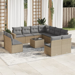 12 Pcs conjunto de sofás p/ jardim com almofadões vime PE bege
