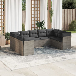 9 Pcs conjunto sofás p/ jardim com almofadões vime PE cinzento