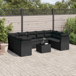 10 Pcs conjunto sofás de jardim c/ almofadões vime PE preto
