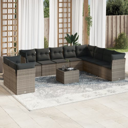 11 Pcs conjunto sofás de jardim c/ almofadões vime PE cinzento