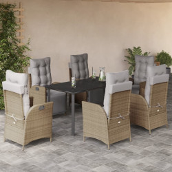 7 Pcs conj. jantar jardim c/ almofadões vime PE bege misturado