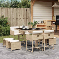 9 Pcs conjunto de jantar p/ jardim com almofadões vime PE bege