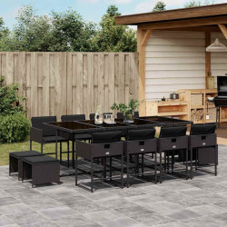 13 Pcs conjunto de jantar p/jardim com almofadões vime PE preto