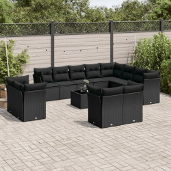 13 Pcs conjunto de sofás de jardim com almofadões vime PE preto