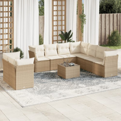 10 Pcs conjunto de sofás p/ jardim com almofadões vime PE bege