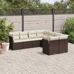 8 Pcs conjunto sofás de jardim c/ almofadões vime PE castanho