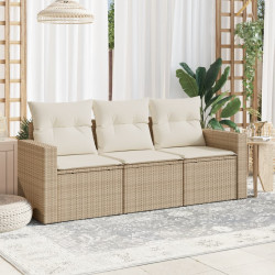 3 Pcs conjunto de sofás p/ jardim com almofadões vime PE bege
