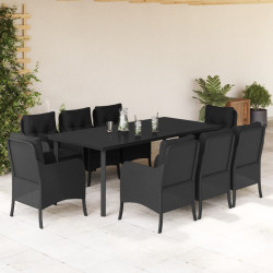 9 Pcs conjunto de jantar p/ jardim c/ almofadões vime PE preto