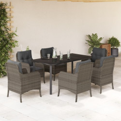 7 Pcs conjunto de jantar p/ jardim c/ almofadões vime PE cinza