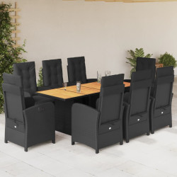 9 Pcs conjunto de jantar p/ jardim c/ almofadões vime PE preto