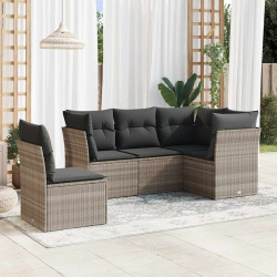 5 Pcs conj. sofás jardim c/ almofadões vime PE cinzento-claro