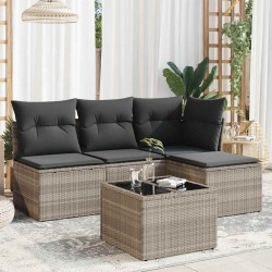 5 Pcs conj. sofás jardim c/ almofadões vime PE cinzento-claro