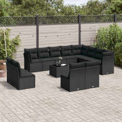 13 Pcs conjunto de sofás de jardim com almofadões vime PE preto