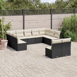 11 Pcs conjunto sofás de jardim c/ almofadões vime PE preto