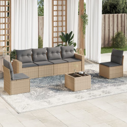 7 Pcs conjunto de sofás p/ jardim com almofadões vime PE bege