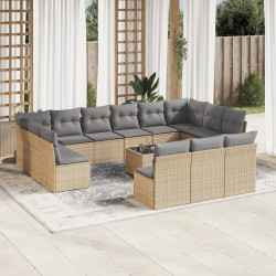 14 Pcs conjunto de sofás p/ jardim com almofadões vime PE bege